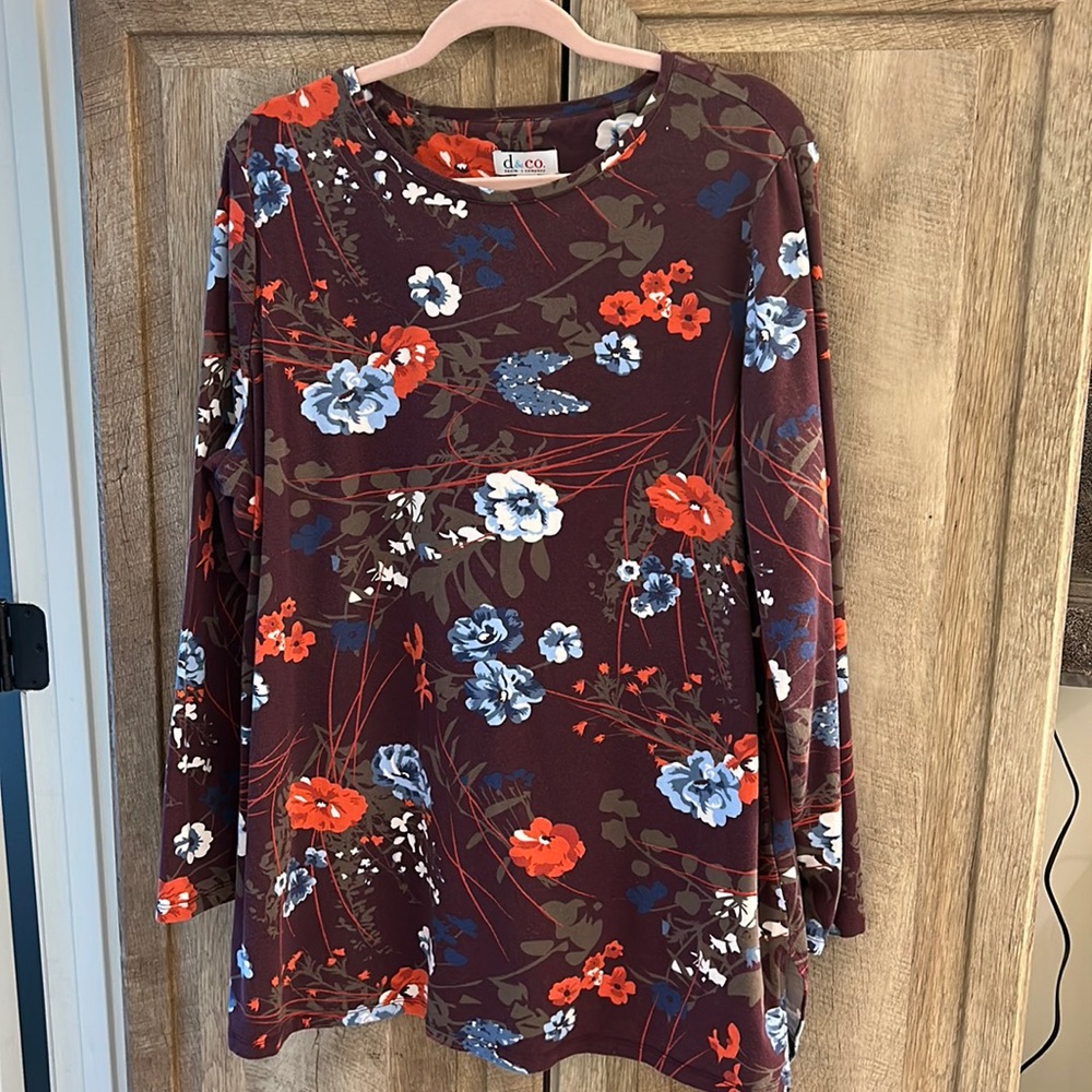 Denim & co. XL cotton spandex floral long sleeve comfy top blouse